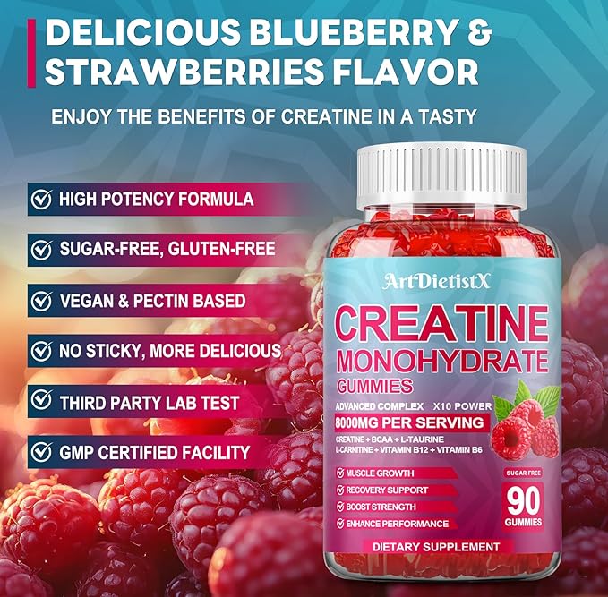 Creatine Monohydrate 8000mg Gummies with BCAA, L-Carnitine, Taurine & Vitamin B12 - Pre Workout Supplement for Muscle Growth, Strength & Energy, Raspberry Flavor Gummies, 90 Count for Men & Women