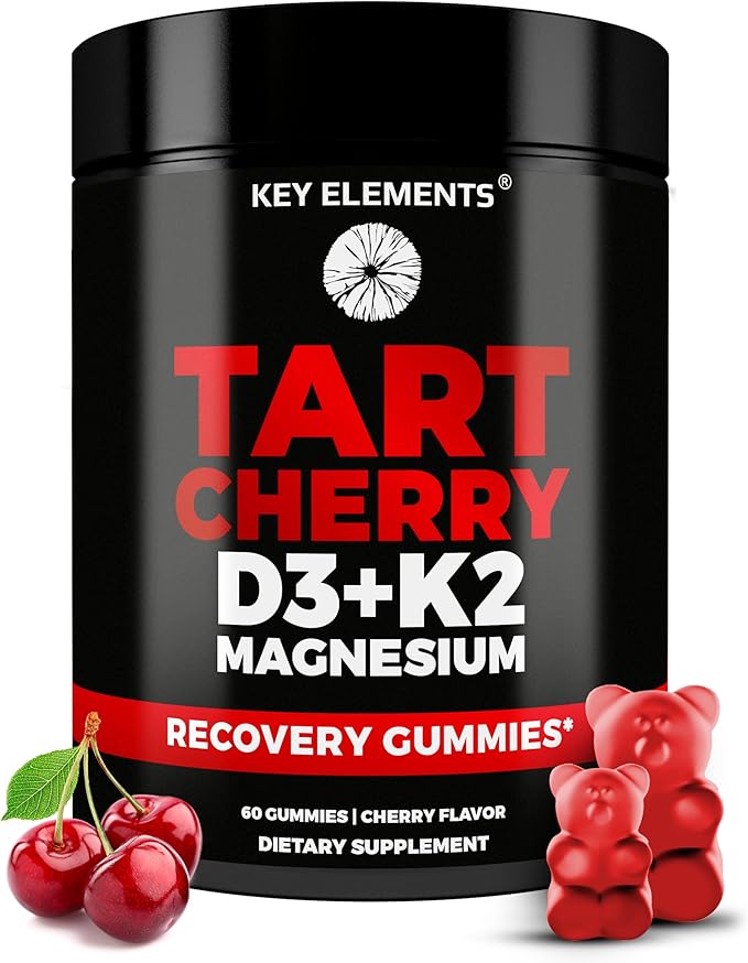 KEY ELEMENTS Recovery Tart Cherry Gummies with Vitamin D3 K2 5000 IU & Magnesium - Vitamin D3 K2 Gummies for Sleep, Bone & Immune Support - Non-GMO, Gluten-Free, Sugar-Free