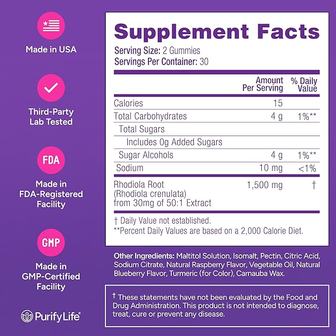 Sugar-Free Rhodiola Rosea Gummies (1500mg/Serving) Cortisol Detox & Adrenal Support Rhodiola Rosea Supplement for Mood, Stamina & Performance, Motivation, Non-GMO, 60 Vegan Chews