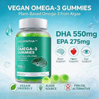 Vegan Omega 3 Gummies 1000mg with Coq 10, Vitamin D3,E,C,Omega 3 Fish Oil Alternative for Adults, Plant Based DHA 550mg & EPA 275mg for Brain, Mobility, Eye, Sugar Free, 60 Count