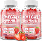 2 Pack Vegan Omega 3 Gummies 1000mg+CoQ10+Magnesium - w/Algae EPA 600mg & DHA 400mg, Fish Oil Omega-3 Supplements Alternative for Adults, for Brain, Eye, Immune Health, Strawberry Flavor, 120 Count