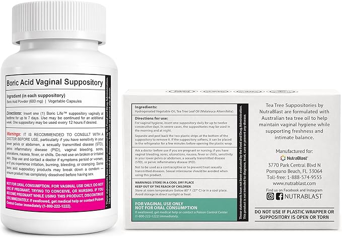 NutraBlast Boric Acid Suppositories 600mg (30 Count) Bundle with Tea Tree Oil Suppositories (12 Count) | All Natural Intimate Deodorant for Women | Restore Feminine pH Balance