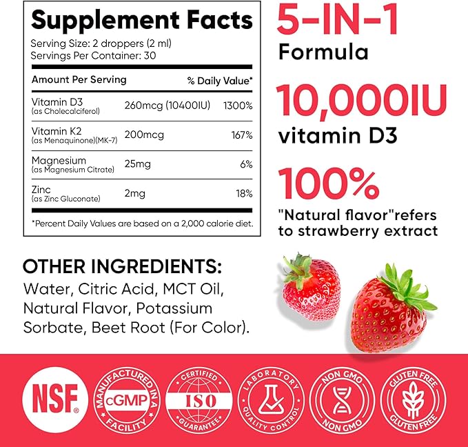Venture Pal 5-in-1 Vitamin D3 10000 IU & K2 as MK-7 200mcg with Magnesium, MCT Oil, Zinc, Sugar-Free Vitamin D Liquid |Maximum Absorption for Bone, Mood & Immune Health - 2 FL OZ, 67 Days