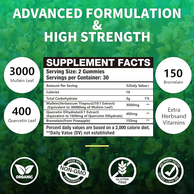 1 Pack 3000MG Organic Mullein Gummies for Lung, Mullein Leaf Extract for Lungs - Quercetin, Bromelain for Respiration，Immune and Digestive Support, 60 Count Blueberry Gummys