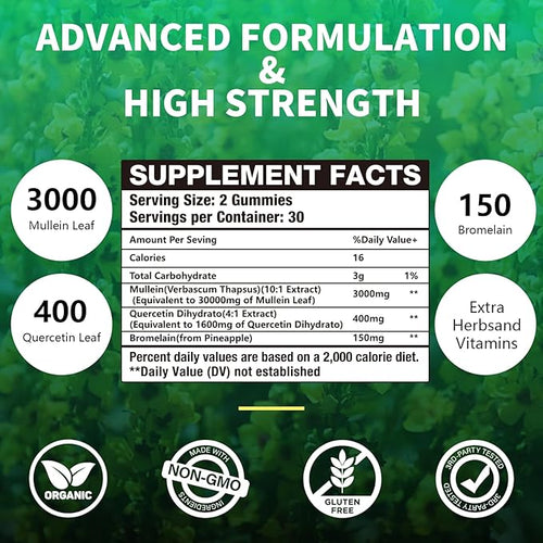 1 Pack 3000MG Organic Mullein Gummies for Lung, Mullein Leaf Extract for Lungs - Quercetin, Bromelain for Respiration，Immune and Digestive Support, 60 Count Blueberry Gummys