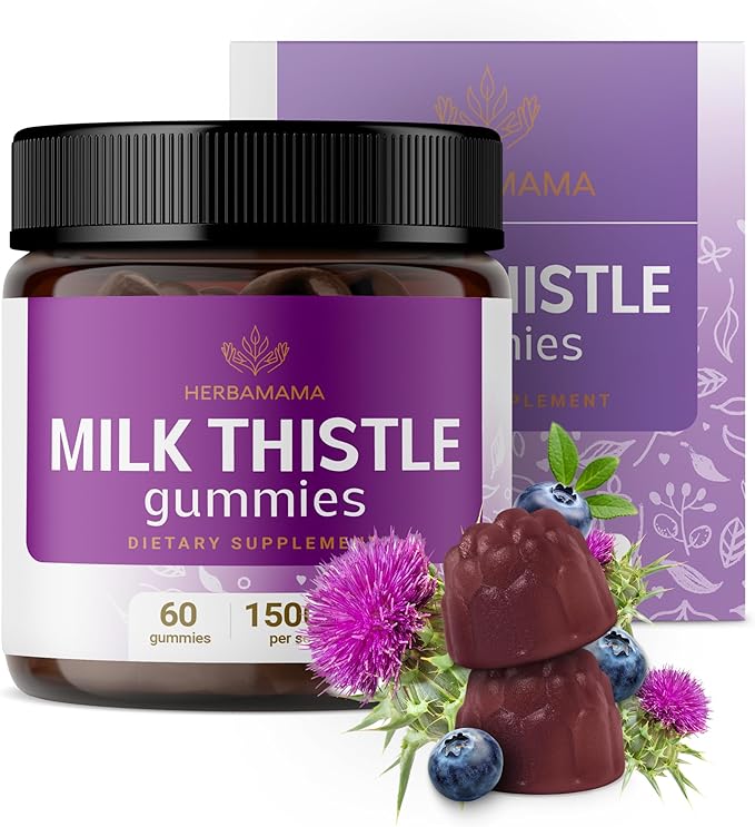 HERBAMAMA Milk Thistle Gummies – 1500mg Milk Thistle Supplement for Liver Detox* & Anitoxidant Support – Liver Support Supplement – Vegan Liver Health* Gummies - 60 Count (30 Servings)