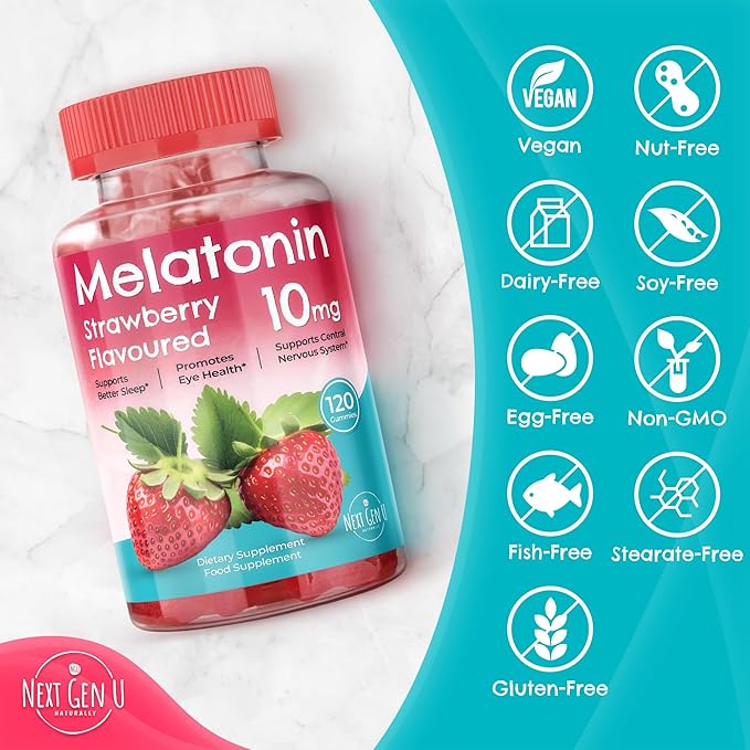 Melatonin Gummies - 10 mg Dietary Supplement - Strawberry Flavored - 120 Vegan Gummies - by NextGenU