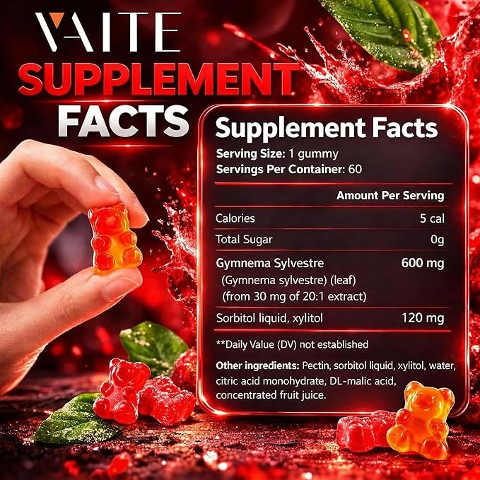 VAITE Gymnema Sylvestre Supplements 600mg – 20:1 Leaf Extract Gummies, Non-GMO, Gluten-Free, Vegan-Friendly, Made with Plant-Based Ingredients, with Antioxidant Properties, 60 Chewable Gummies