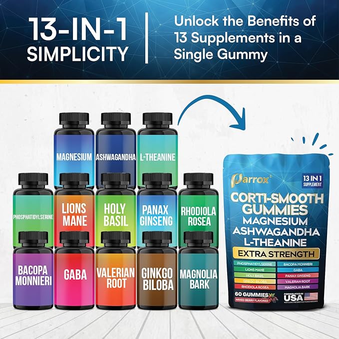 Corti-Smooth Cortisol Support Gummies with Magnesium, L-Theanine, Ashwagandha, Phosphatidylserine, Bacopa Monnieri, Lions Mane, Ginkgo Biloba, Valerian Root (Mixed Berry Flavor - 2 Pack)