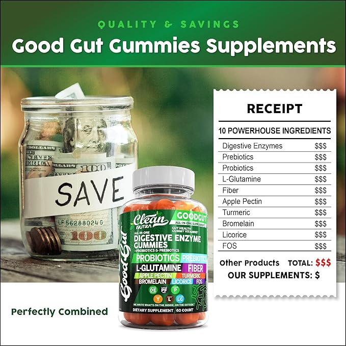 Digestive Enzymes with Probiotics and Prebiotics For Digestive Health Gummies + L-Glutamine For Gut Health Bromelain Turmeric Licorice Fiber Apple Pectin Inulin FOS Plant Pased Vegan Gummy Vitamins