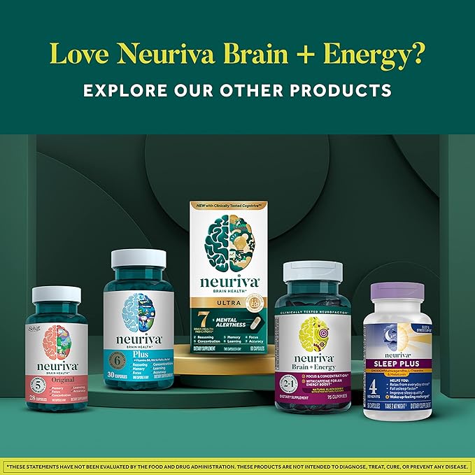 NEURIVA Brain + Energy Gummies, Nootropic Brain Supplements for Focus and Concentration with Neurofactor, Vitamin B12 & Caffeine for an Energy Boost*, 75ct Natural BlackBerry, (Pack of 2)