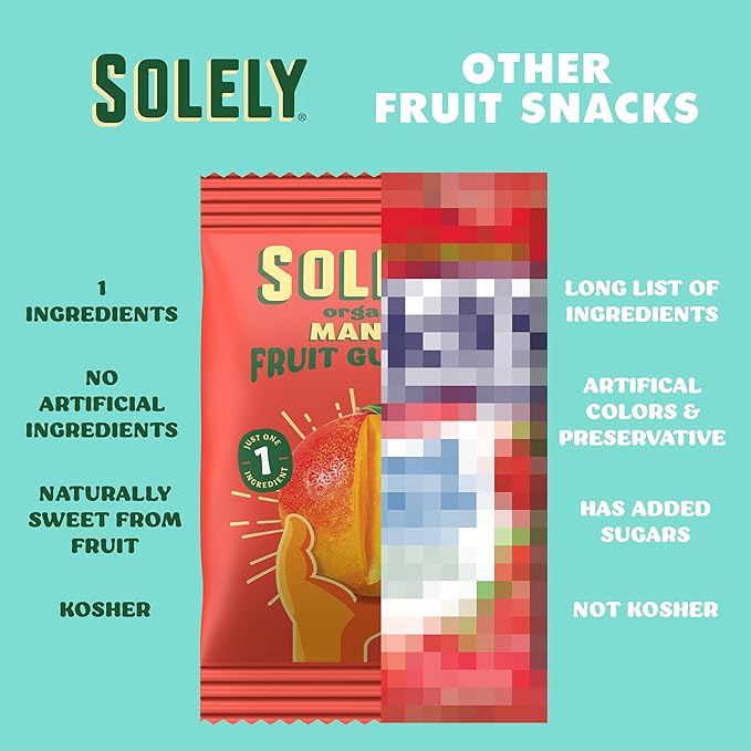 SOLELY - Organic Mango Whole Fruit Gummies Variety Pack (6 Boxes, 5 Flavors, 5 Individual Bags per Box) -Real Fresh Fruit -Healthy Snacks for Adults & Kids -Non GMO,Vegan Snacks,Shelf Stable- 20 Bags (3.5 oz)