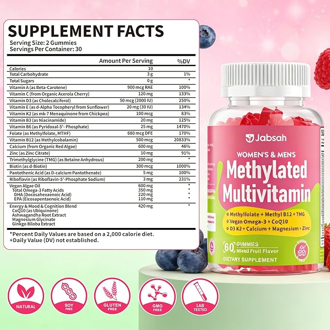 Methylated Vitamin B Complex Gummies for Women & Men, Multivitanins Gummy with Vitamin A, C ,E, Methylfolate & B12, TMG, Calcium, D3 K2, Magnesium & More for Overall Health-Vegan, Sugar Free,120 Cts