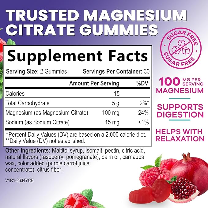 Magnesium Citrate Gummies - Sugar Free - High Absorption & Bioavailability Magnesium Gummy Supplement - Improved Vegan Formula - Supports Bones, Muscles, Calm, & Relaxation - Mag Citrate - 60 Gummies