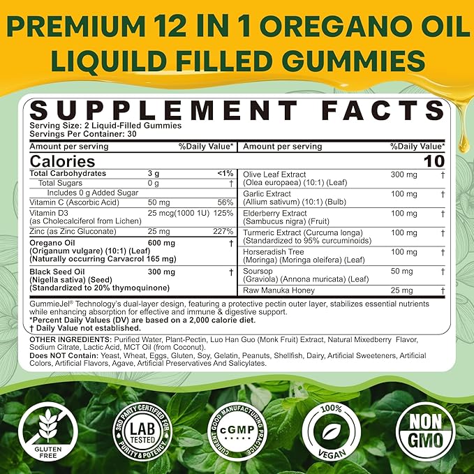 Oil of Oregano with Black Seed Oil Gummies, Elderberry & Garlic, 12-in-1 Oregano Oil Supplement w/ Vitamin C, D3 & Zinc for Immune & Respiratory Support, Aceite de Orégano Cápsulas Replacement, 60 Cts