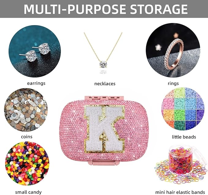 Cute Pill Organizer Small Bling Pill Case for Purse Medicine Vitamin Container Holder Daily Pill Box Container for Women Travel Medicine Kit(Letter K Pink)
