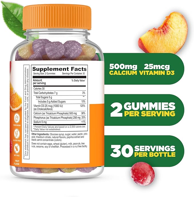 Lifeable Calcium with Vitamin D3 Gummies | Calcium 500 mg D3 1000 IU | Great Tasting Bone Strength Supplements | for Bone Health | Calcium Gummies for Women, Men | 60 Gummies