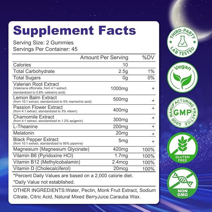 180 Count | Valerian Root Gummies with Melatonin & L-Theanine, Natural Valerian Root Extract Supplements for Deep Zzz, Relaxation & Calming, Mixed Berry Flavor, Sugar Free, Non-GMO