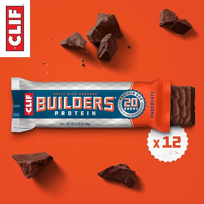 Clif Builders Protein Bars - Chocolate Flavor - 20g Plant Based Protein - Gluten Free - Non-GMO - Low Glycemic - No Artificial Sweeteners - 2.4 oz. (12 Pack)