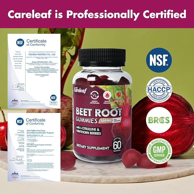 Sugar Free Vegan Beet Root Gummies for Blood Pressure, Beetroot Gummies with L-Citrulline and Hawthorn Extract, Peach Flavor Beet Chews for High Blood Pressure, 60 Count