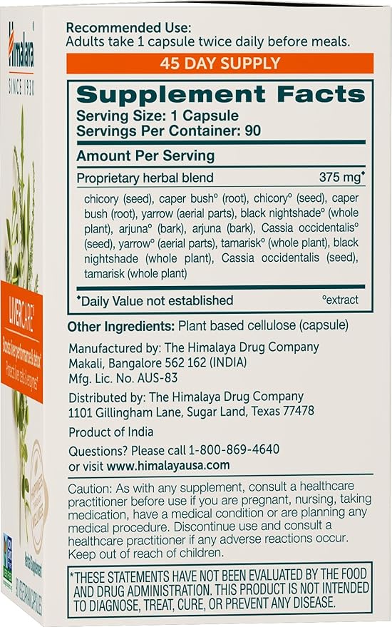 Himalaya LiverCare – Herbal Liver Support with Capers, Chicory, Arjuna & Yarrow – Promotes Detox, Bile Production & Waste Elimination – Vegan, Non-GMO, Gluten-Free 375 mg, 90 Capsules (45 Day Supply)