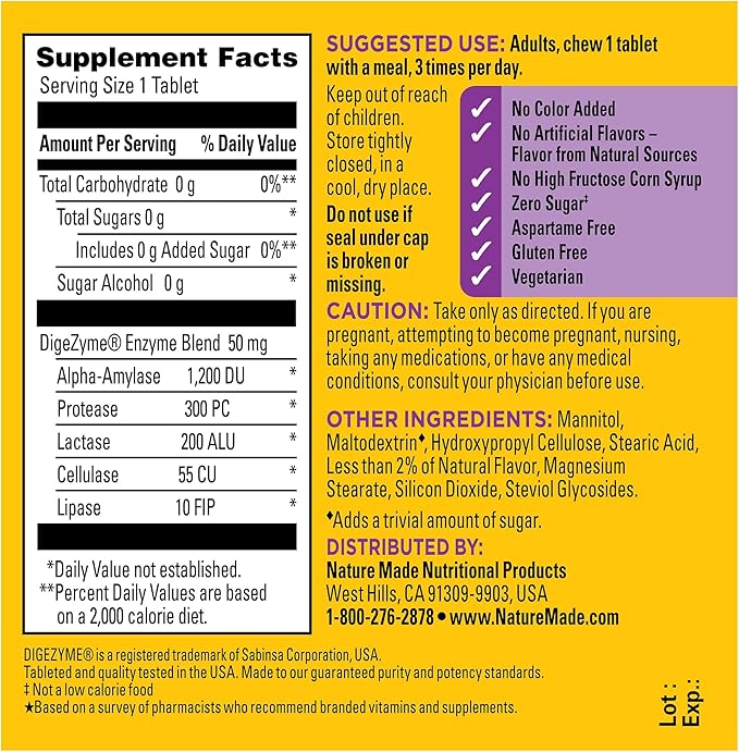 Nature Made Digestive Enzymes 5-in-1 Blend, Digestive Health Support, 90 Chewable Tablets, 30 Day Supply