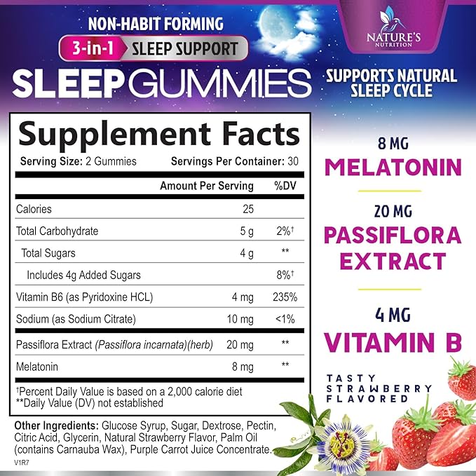 Sleep Gummies - 8mg Melatonin Per Serving - With Passiflora Extract for Restful Sleep - Fast Acting Melatonin Sleep Gummy Supplement for Adults, Vegan, Non-GMO, Tasty Strawberry Flavor - 60 Gummies