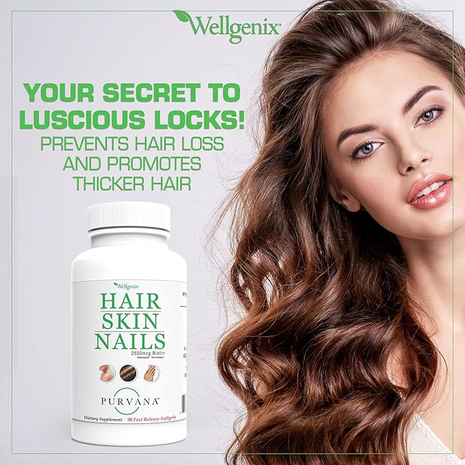 Wellgenix Purvana Hair Skin and Nails Supplement – 2500mcg Biotin Softgels with MSM & B-Complex – Daily Beauty Support for Stronger Nails & Hair Vitality – 180 Softgels (2 Pack)