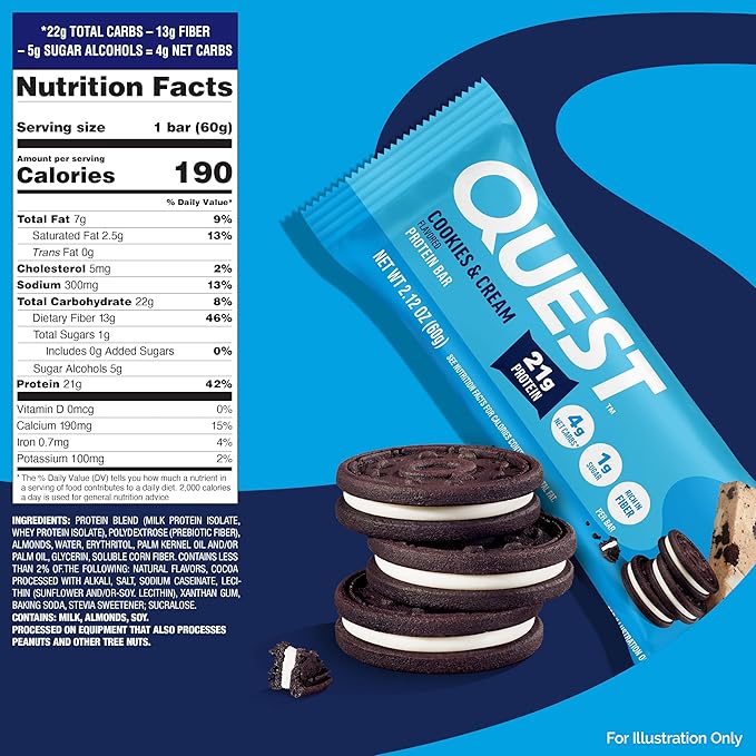 Quest Nutrition Cookies & Cream Protein Bars, 21g Protein, 1g Sugar, 4g Net Carb, High Fiber, Gluten Free, Keto Friendly, 12 Count