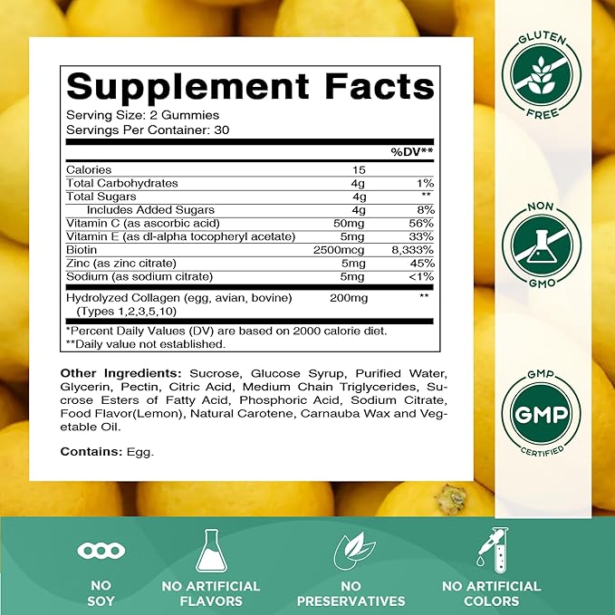 Vitamatic Hydrolyzed Collagen Gummies with Vitamin C, Zinc and Biotin, 200 mg - Healthy Skin Support - 60 Gummies