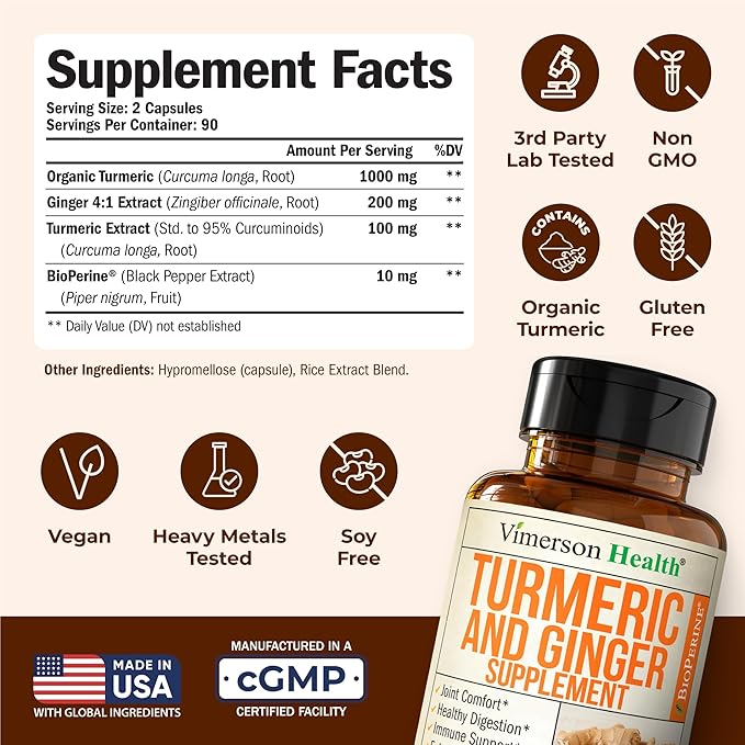 Turmeric Curcumin Supplement with Ginger Root for Joint Support, Digestive & Gut Health - Contains Organic Turmeric Curcumin with Black Pepper (Bioperine) for Enhanced Absorption - 180 Capsules