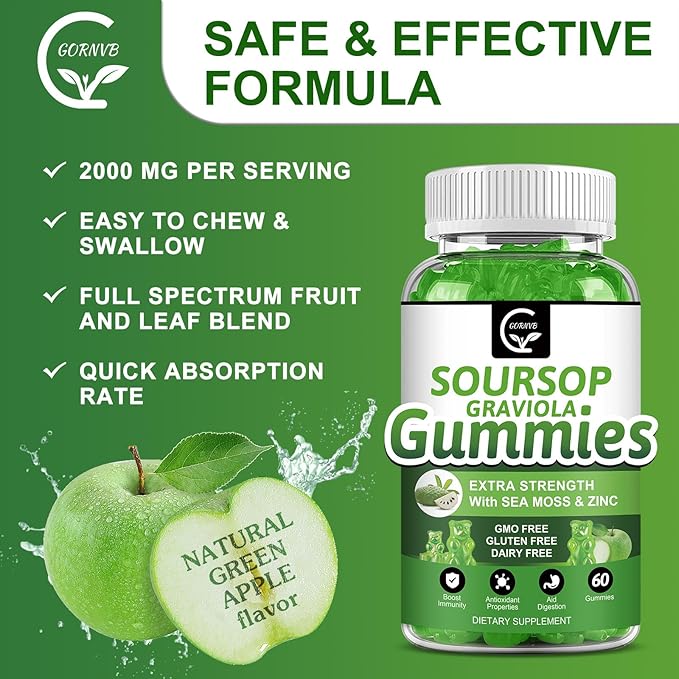 Organic Soursop Graviola Gummies - 2200mg Extra Strength Soursop Leaves Extract w/Sea Moss Extract 200mg, Zinc & Vitamin C - Supports Immunity, Liver, Zzz & Antioxidant, Gluten Free, Vegan, 60 Gummies