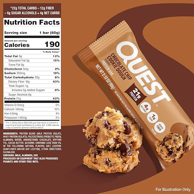 Quest Nutrition Chocolate Chip Cookie Dough Protein Bars, 21g Protein, 4, Net Carbs, 1g Sugar, High Fiber, Gluten Free, Keto Friendly, 4 Count