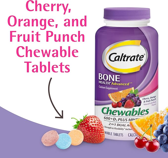 Caltrate Chewables 600 Plus D3 Plus Minerals Calcium Vitamin D Supplement, Cherry, Orange and Fruit Punch - 60 Count