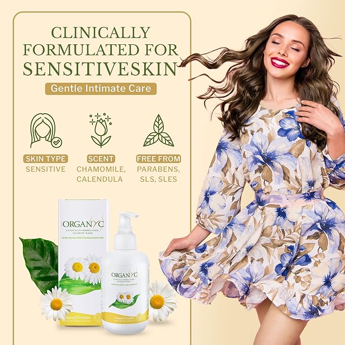 Organyc Feminine Intimate Wash for Sensitive Skin with Chamomile, Free from Chlorine, Parabens, SLS/SLES, and Synthetic Perfumes 8.5 Fluid Ounce