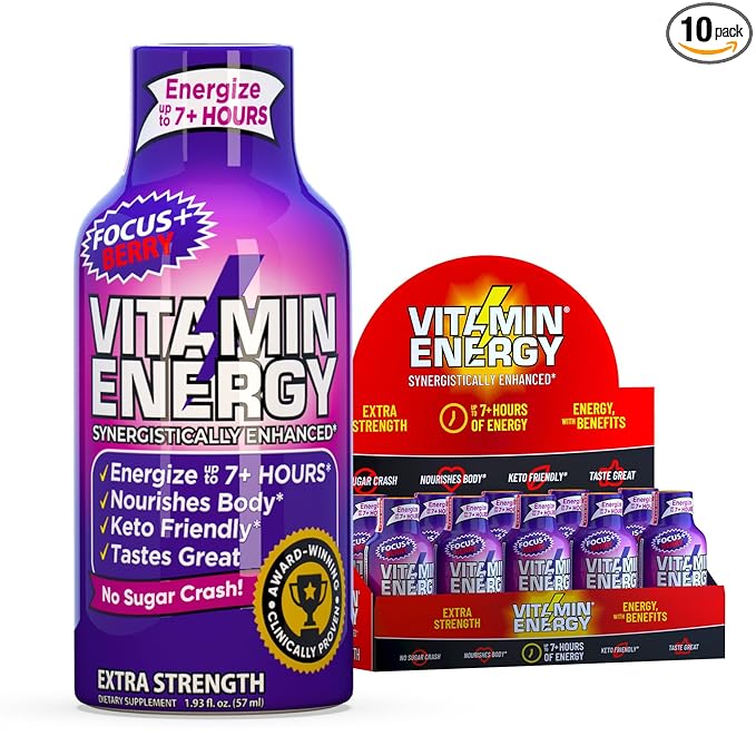 Vitamin Energy Focus+ Extra Strength Energy Shot Berry 10 Pack, 260mg Natural Caffeine, B-Vitamins, CoQ10, Amino Acids, Focus, Productivity & Clarity, Zero Sugar, Gluten-Free, 1.93 fl oz