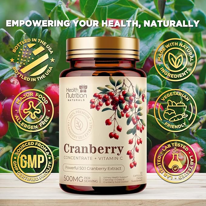 Cranberry Extract 500mg Per Serving - Cranberry Powder Supplement with Vitamins C - Urinary Tract Health Support, Cran Berry Fruit, Sugar Free Formula, Bottled in USA - 120 Capsules