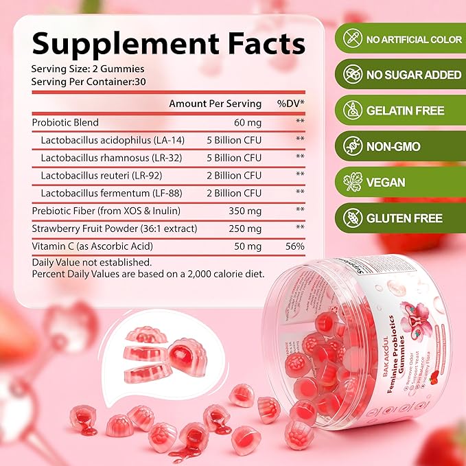 Feminine Balance Gummies for Women,Vaginal Probiotics Supports pH Balance, Digestive Health,Vegan,Gluten-Free, Strawberry Flavor with Filled,60 Gummies