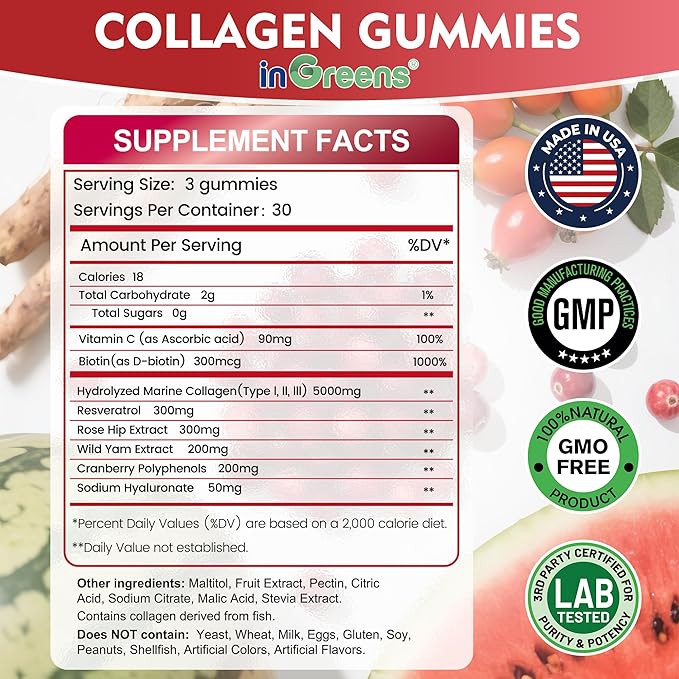 inGreens Collagen Peptides Gummies for Women - 5000mg Hydrolyzed Marine Collagen, Sugar Free with Type I,II,III & Biotin, 90 Count