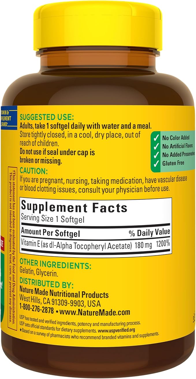 Nature Made Vitamin E 180 mg (400 IU) dl-Alpha, Dietary Supplement for Antioxidant and Skin Support, 300 Softgels, 300 Day Supply