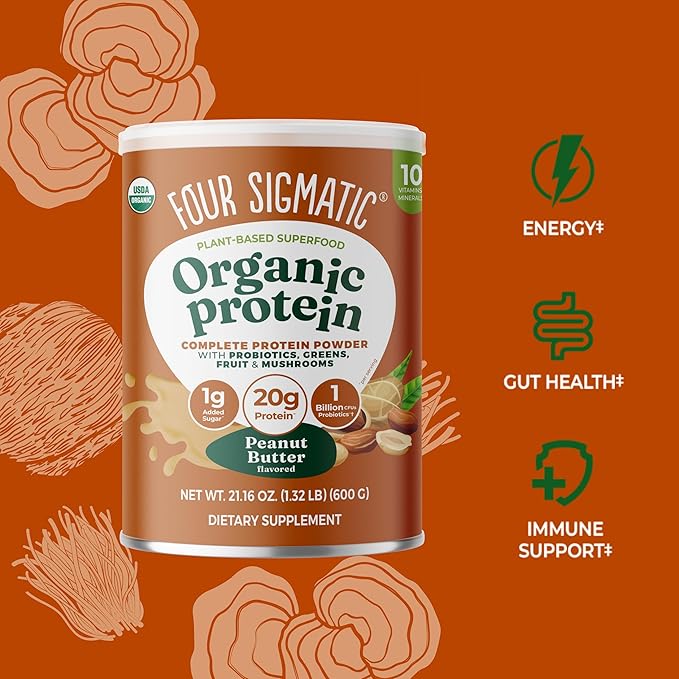 Four Sigmatic Organic Plant-Based Protein Powder | Clean Vegan Protein Elevated with Lion’s Mane, Chaga, Cordyceps and More for Brain Function and Immune Support | Peanut Butter, 21.16 oz