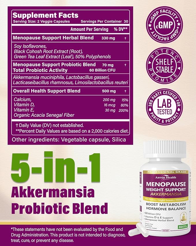 Menopause Supplements for Women 60 Billion with Akkermansia Probiotic & Prebiotic, Vitamin D & E for Hormone Balance, Metabolism, Gut Health, Hot Flashes - Non-GMO | 120 Caps