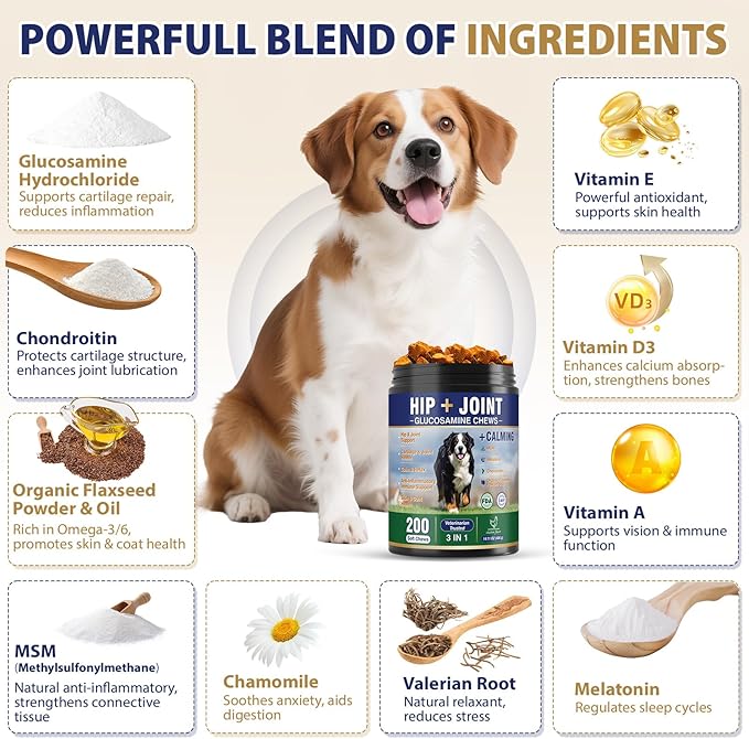 Hip and Joint Supplement for Dogs 200 Dog Calming Chews with Glucosamine, Chondroitin, Msm, Omega3, Melatonin for Senior Dogs Anxiety Pain Relief Anti Inflammatory Small/Medium/Large Dog -Chicken