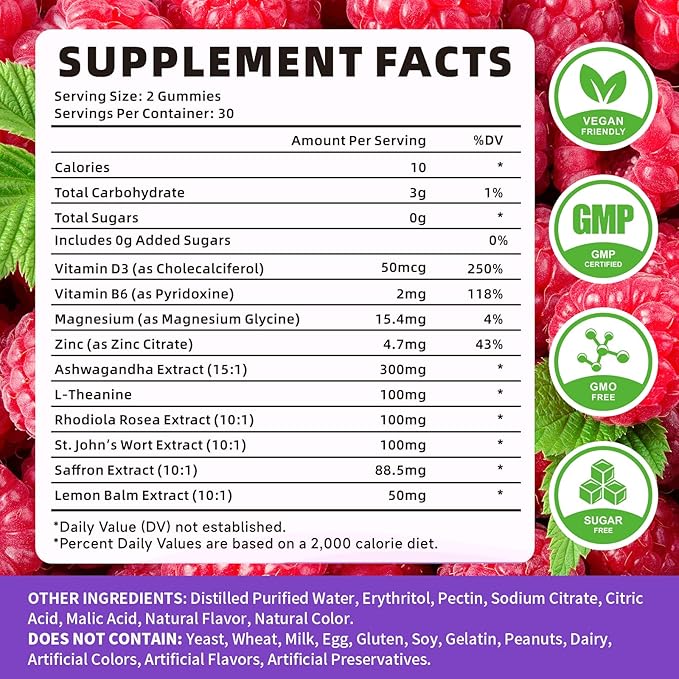 Saffron Gummies, Saffron Supplements for Kids & Adults with Ashwagandha, L-Theanine, Lemon Balm, Vitamin D3, B6, Magnesium & Zinc - Support Focus, Relaxation, Raspberry Flavor, 120 Count