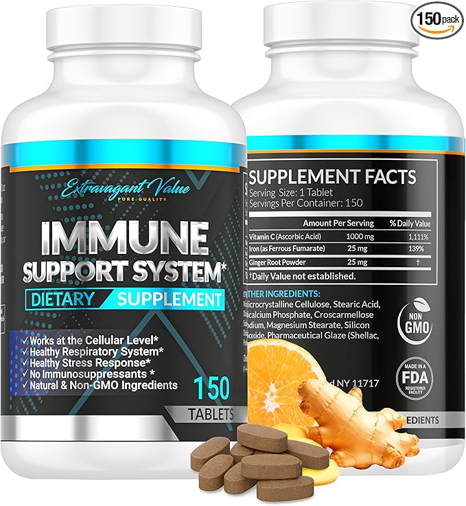 3-in-1 Immune Support Combo with Iron Supplement 25mg (Iron Pills) + 1000mg Vitamin C + Ginger Root, Gentle & Stomach Friendly for Energy & Iron Deficiency Support, Non-GMO, 150 Tablets