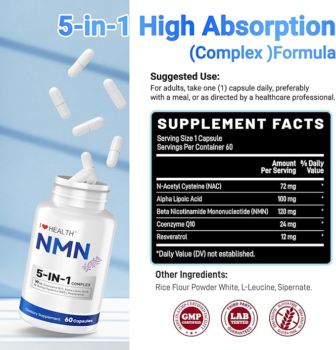 NMN Supplement, 5-in-1 Complex with NAC, Alpha Lipoic Acid, CoQ10 & Resveratrol - High Absorption Anti Aging Formula - Third Party Tested, cGMP, Gluten Free - 60 Capsules