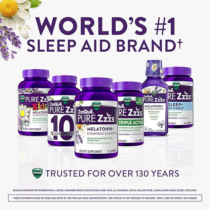 ZzzQuil PURE Zzzs De-Stress 2mg Melatonin Gummies, , Sleep Aids for Adults, Ashwagandha for Stress Support, 60 Gummies