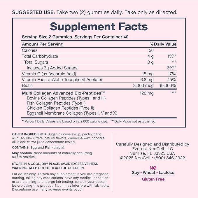 NeoCell Hair Skin and Nails Gummies | 80 Count | with Multi Collagen Advanced Bio-Peptides | Plus Vitamin C and Biotin | for Women and Men