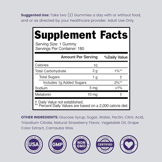 Melatonin Gummies 10mg for Adults (180 Count) - Quick Dissolve Melatonin Gummies - Gummy for Adults Contains 10mg - High Potency - Mixed Berry Flavor - Non-GMO, Vegan Supplement & Made in USA