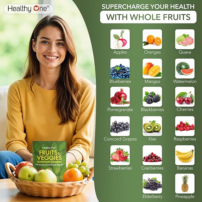 Fruits & Veggies Sugar-Free Gummies - 27 Whole Foods - Equals 3 Servings of Fruits & Vegetables - Improve Energy, Focus & Immune Function - Fiber - Antioxidants - Organic Ingredients - 14 Packets